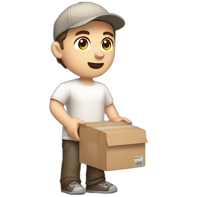 Pale skinned fit Man with dark brown hair in a beige cap, gray jeans, brown polo and white T-shirt keeping a pasted with tape white box into his hands emoji