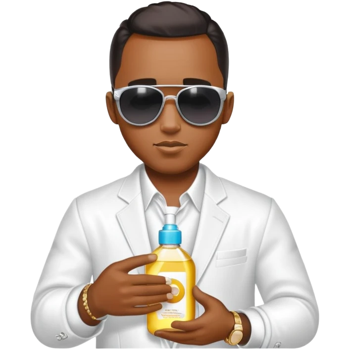 Diddy wearing sunglasses in a party outfit holding baby oil  emoji