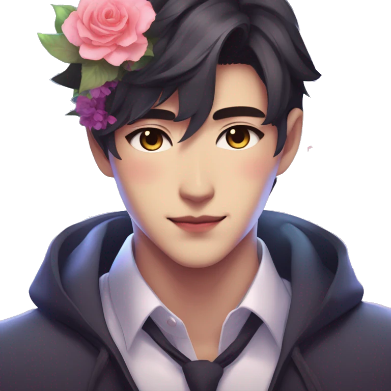 Gorgeous romantic anime style Asian formal modern gentlemanly guy with cat ears and flowers and blushing face aesthetic trending style outside with colorful gradient colors emoji