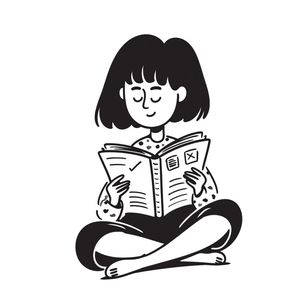 Cute girl sitting cross-legged reading from an open notebook with concentration emoji