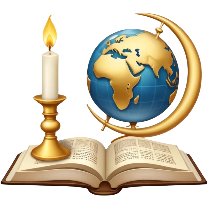 An icon featuring a holy book, a candle, and a cross, symbolizing religious studies. The design includes a globe with various religious symbols: a crescent moon and star (Islam), a lotus flower (Buddhism), representing global belief systems. Transparent background. emoji