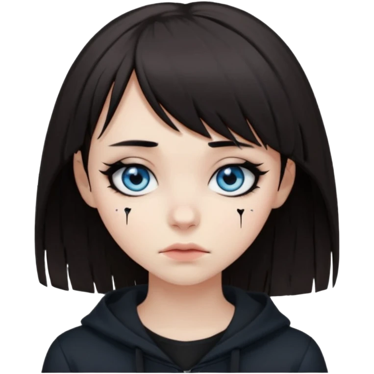 white emo girl with dark brown hair and bangs over her whole forehead wearing black eyeliner with blue eyes wearing black clothes with a black broken heart above her head emoji