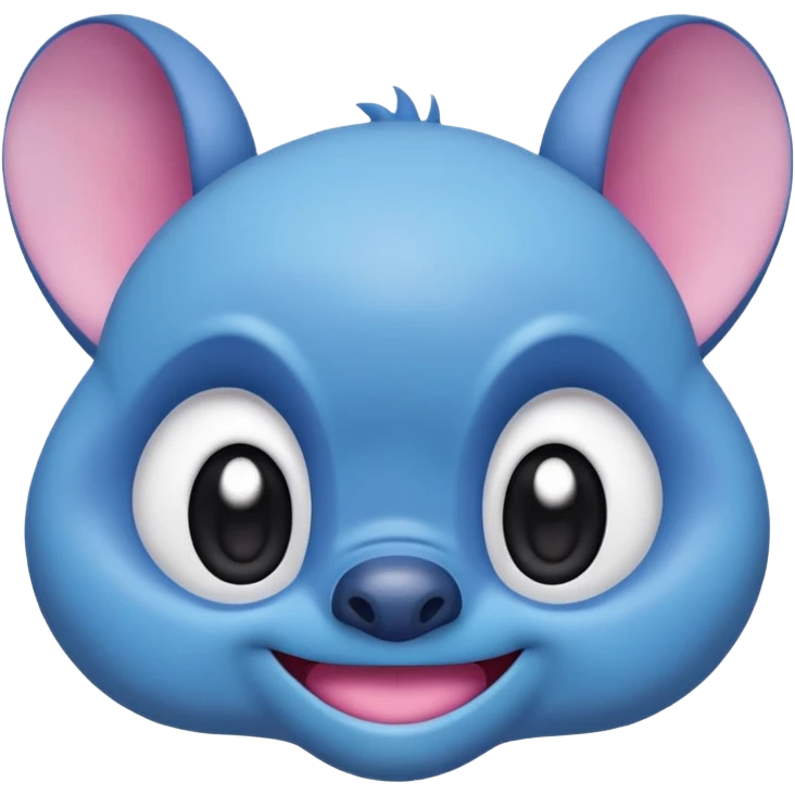 cute emoji-style alien face inspired by Stitch from Lilo & Stitch, only the head, big round dark eyes, wide playful smile, blue fur, large floppy ears with pink inside, kawaii style, minimal details, pastel colors emoji