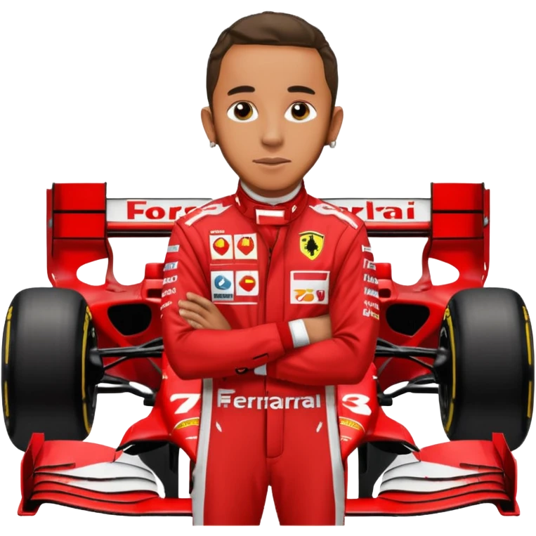 lewis hamilton en combinaison rouge ferrari devant sa f1 emoji