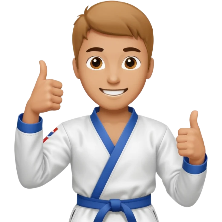 Crea un personaje masculino con el uniforme de taekwondo que tenga efecto dibujito y esté realizando este gesto con la mano👍🏼, debe estar sonriente emoji