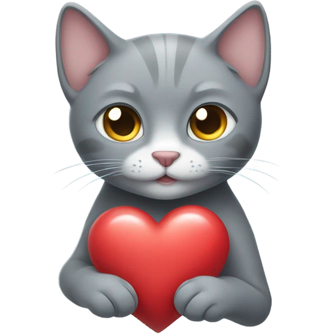 Grey cat holding heart emoji