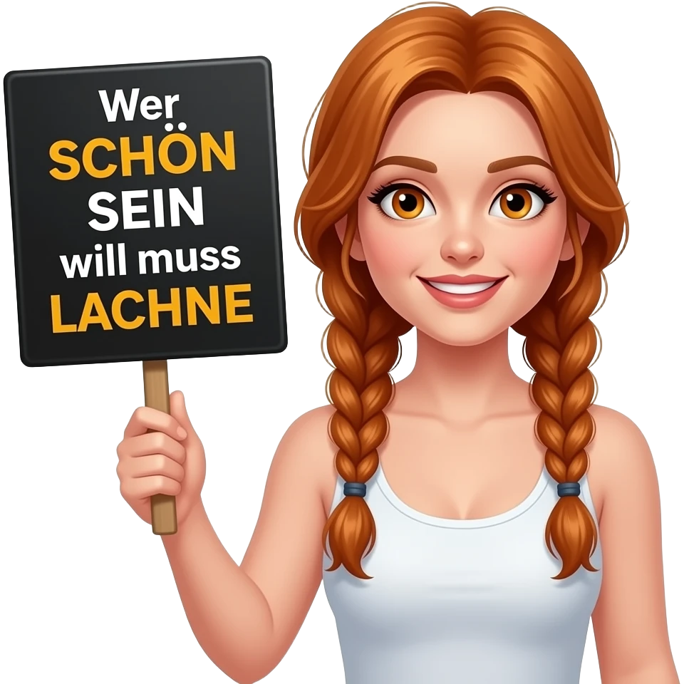 sexy girl with long ginger braids and ginger eyes wearing a white tanktop is holding a black sign with Wer SCHÖN SEIN will muss LACHEN written on it emoji