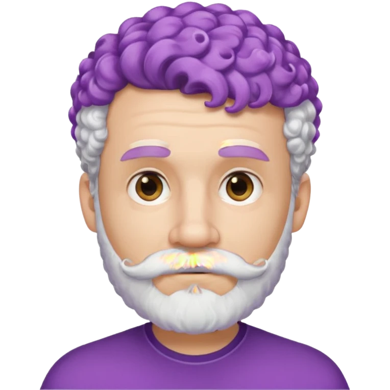very white bearded and white mustached, violet short curly haired, wearing ear accessories emoji