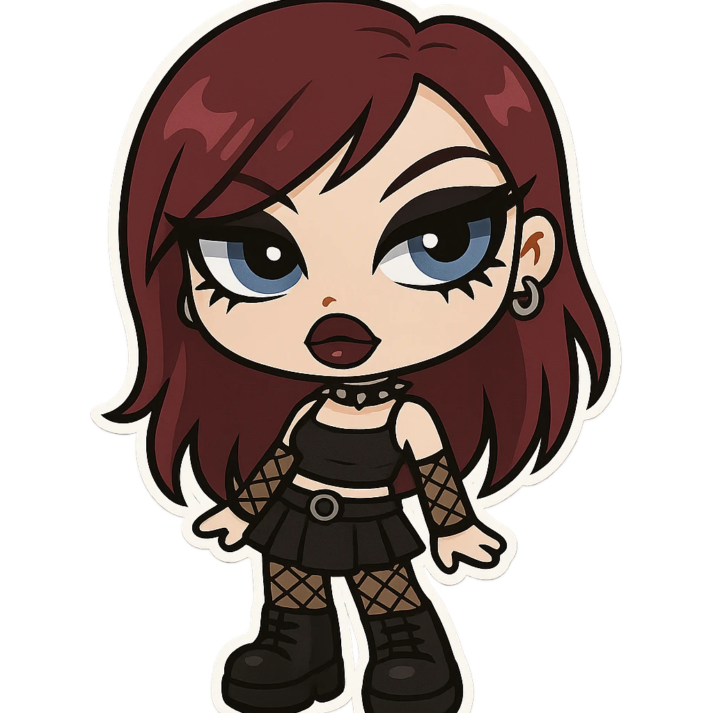 alternative baddie girl, burgundy hair, pale skin, blue eyes, heavy black eyeliner, bratz doll style emoji