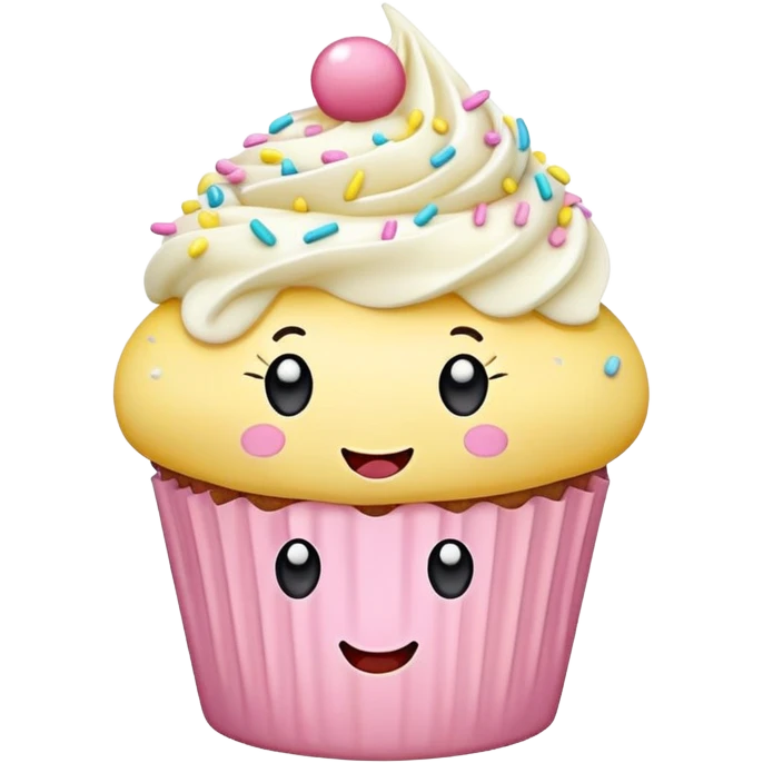adorable pastel cupcake with sprinkles and a tiny happy face emoji