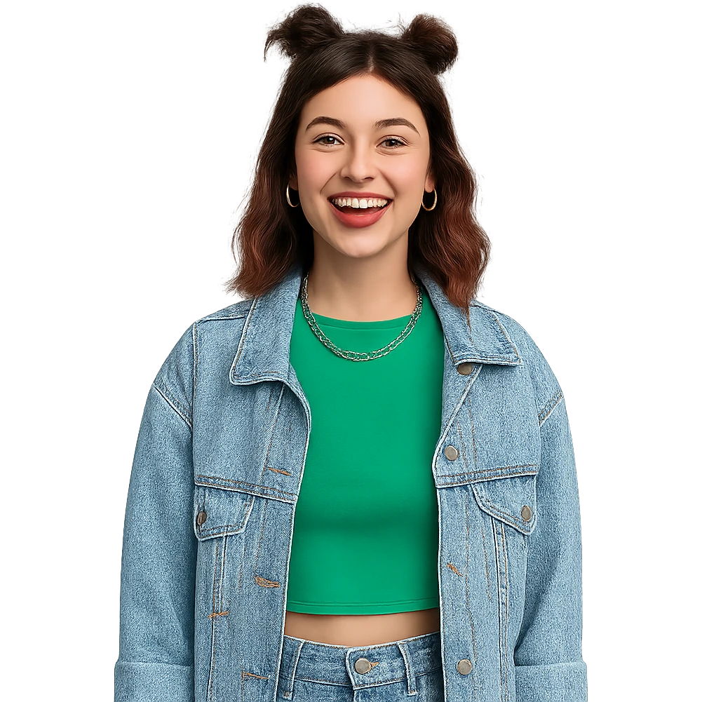 A girl who looks like Gen Z, trendy hairstyle and fashion, bright and unique expression, modern vibe emoji