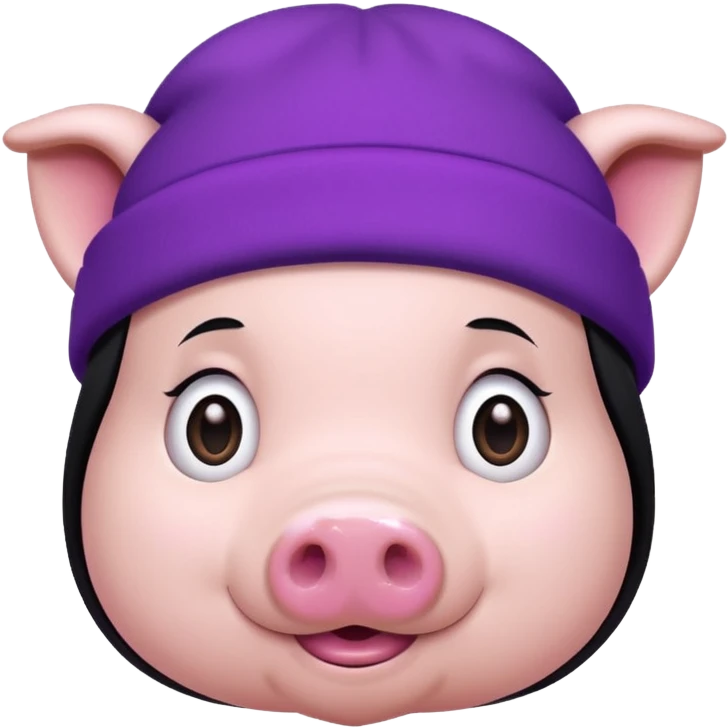 cute pig with a purple beanie and long straight black hair emoji