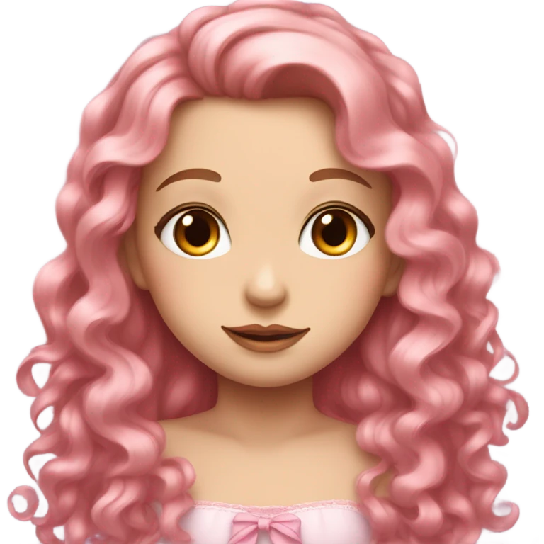 A white girl face with cute pinkish makeup and pretty pink hair ribbon and brown long curly hair; long like ling hair princess emoji