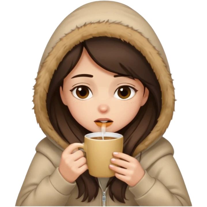 a brunette girl sitting cozily in a beige fur hoodie sipping coffee while crying emoji