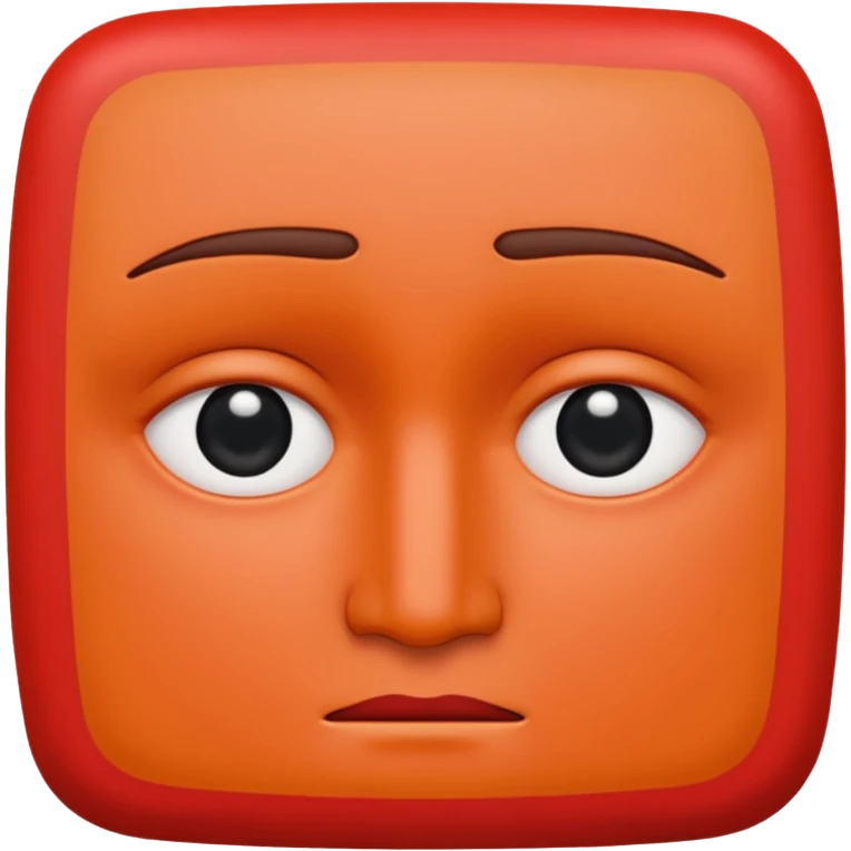 Una figura roja con cabeza cuadrada y cuerpo de rectángulos con cara con dos ojos negros como puntos y cejas preocupadas sin boca y que tenga como una especie de polvo café en la cabeza emoji