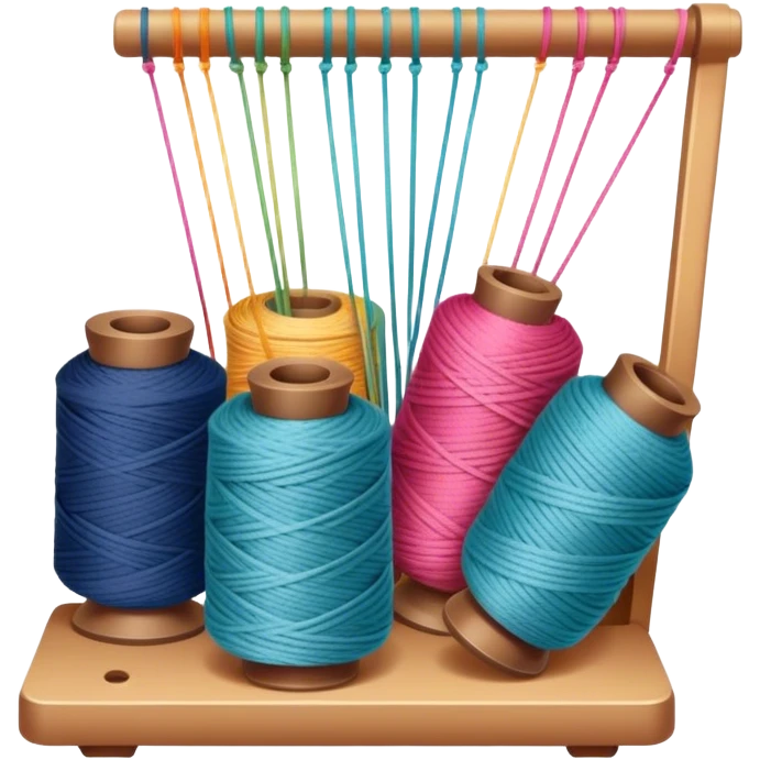 Weaving icon, spools of yarn, fabric swatches, sewing patterns, and finished clothes, minimalistic style, clean lines, transparent background. emoji