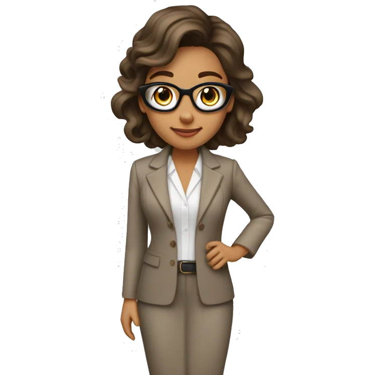 Arquitecto mujer con piel blanca, cabello rizado café vestida con un traje sastre contemporáneo y moderno color beige y mocasines contemporáneos  emoji