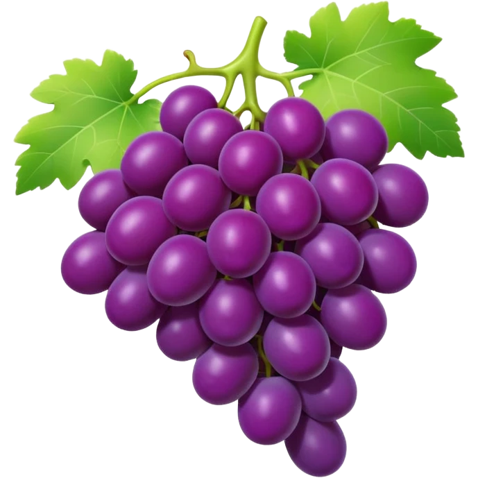3D iPhone style emoji of a bunch of grapes, plump and shiny, purple color, attached to a small green stem, isolated on white background, soft shadows, high detail, playful and cute. emoji