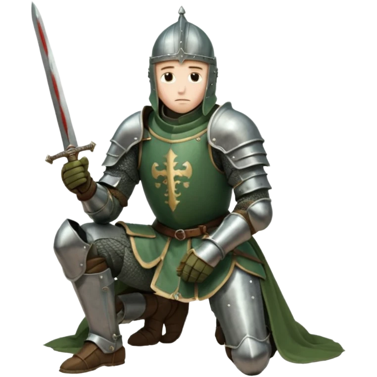 A lone medieval knight in a green worn armor kneels. His helmet is closed, hiding his face, conveying silence, exhaustion and contemplation. A long sword is planted in the ground beside him, its hilt resting near his gloved hands as if he is praying or resting after battle. emoji