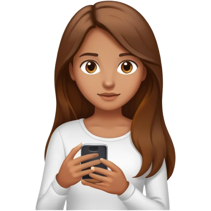 girl with long brown hair wearing a white top holding a smartphone emoji