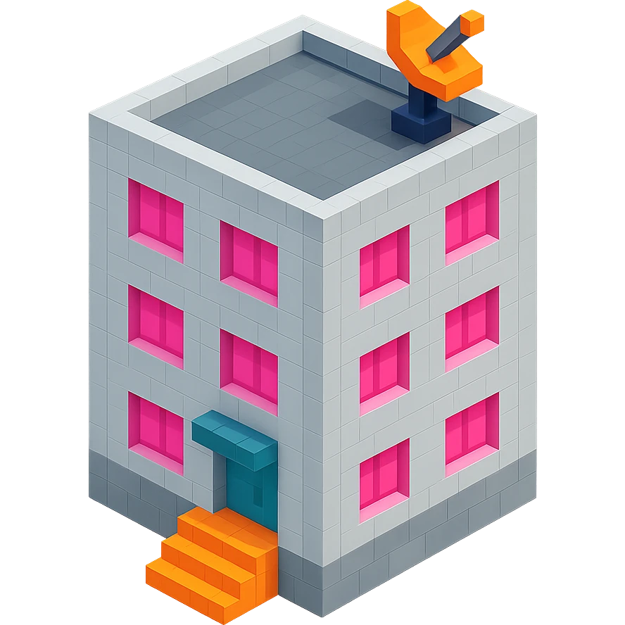 Russian panel apartment building, compact square block, light gray, pink windows, entrance with steps, satellite dish on rooftop, isometric view emoji