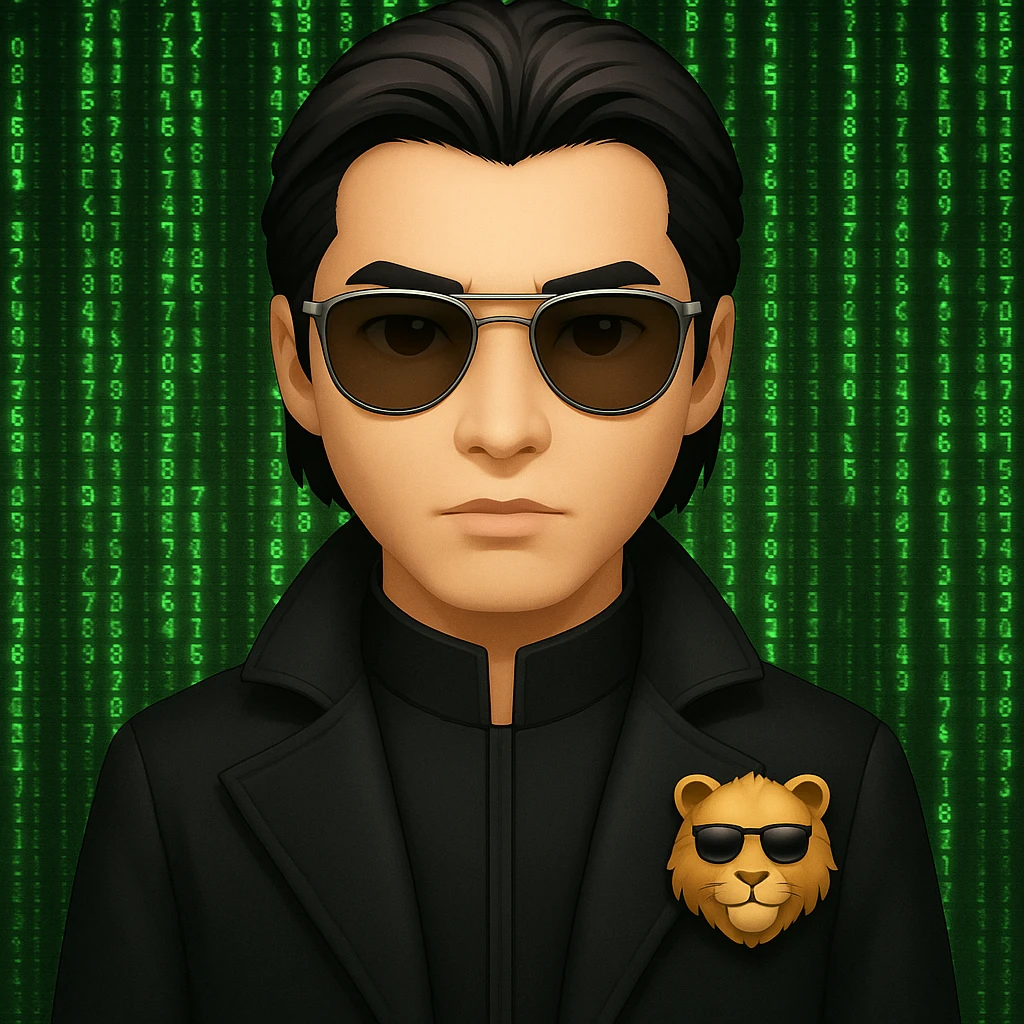 Add a green Matrix code background behind Neo with a lion head, keeping the emoji style look and feel. emoji
