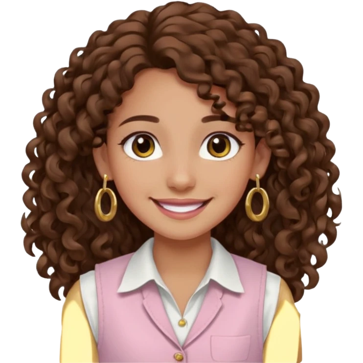 chica un poco morena (no demasiado), pelo rizado largo, sonriendo, con ojos grandes y marrones con camisa rosa palo y un chaleco blanco y aretes dorados en forma de circulo en sus orejas  emoji