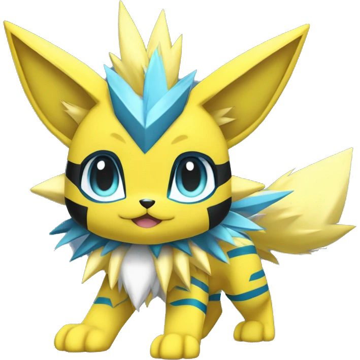 Anthro Edgy Cool Zeraora-Jolteon-Pokémon-Fakémon with shiny blue stripes Full Body Detailed High Quality  emoji