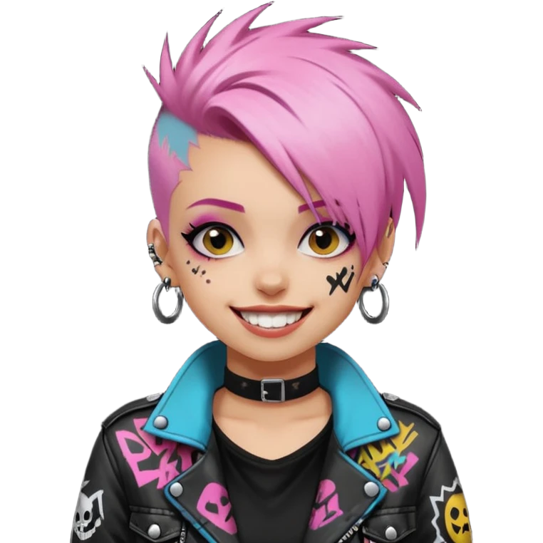 a punk girl with dyed hair and wear a punk graffiti jacket with black choker grin playfully  emoji