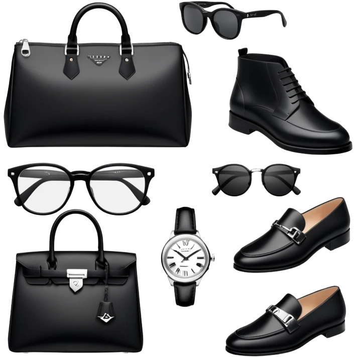 bag and watch, and glasses 1, shoes specfic, all BLACK AND WHITE AND SILVER OR WHITE PLATED GOLD put together like a bundle with no face, all luxury items like lv and prada, and rolex, and balenciaga emoji