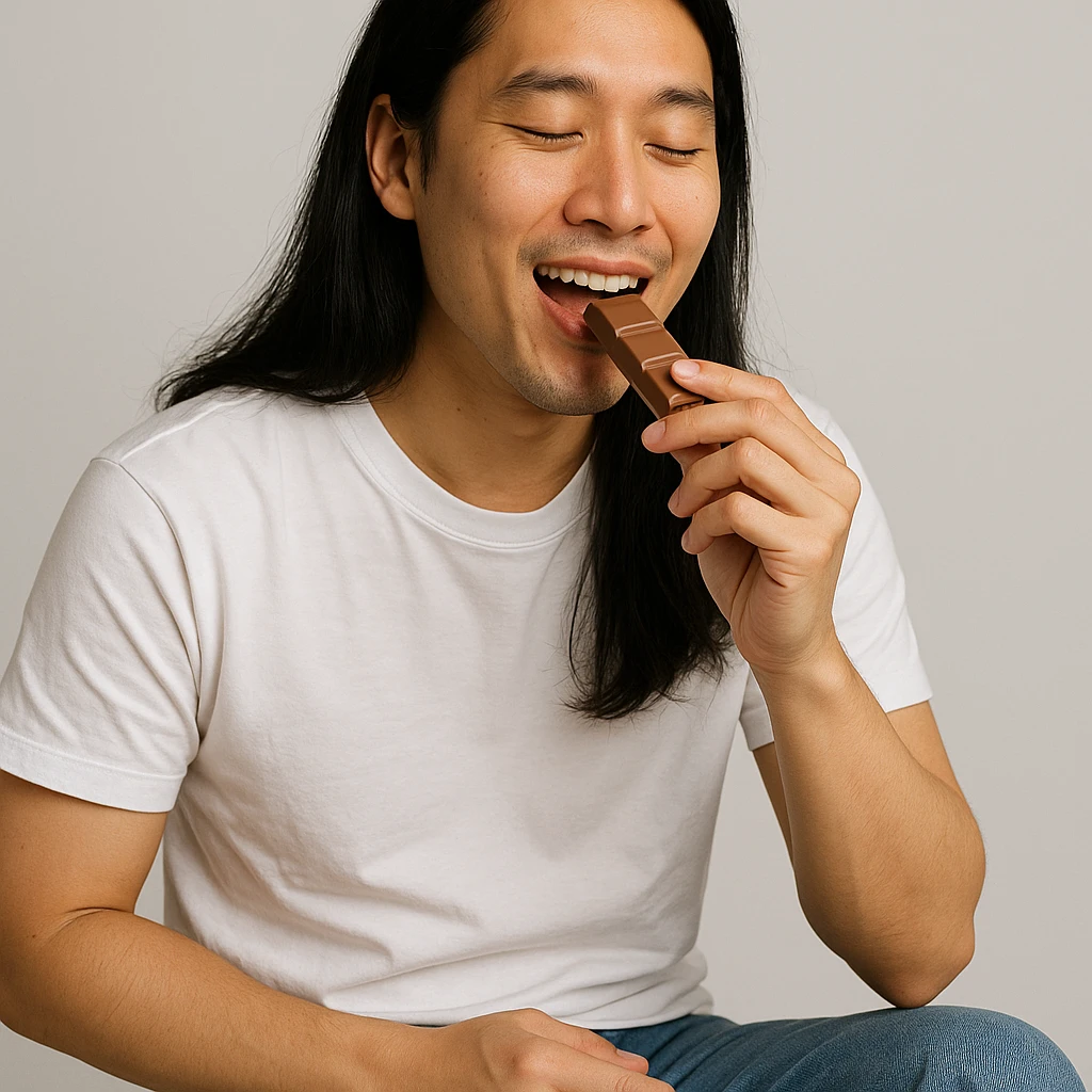 long haired Asian man enjoying chocolate, dressed in white T-shirt and jeans, minimal background emoji