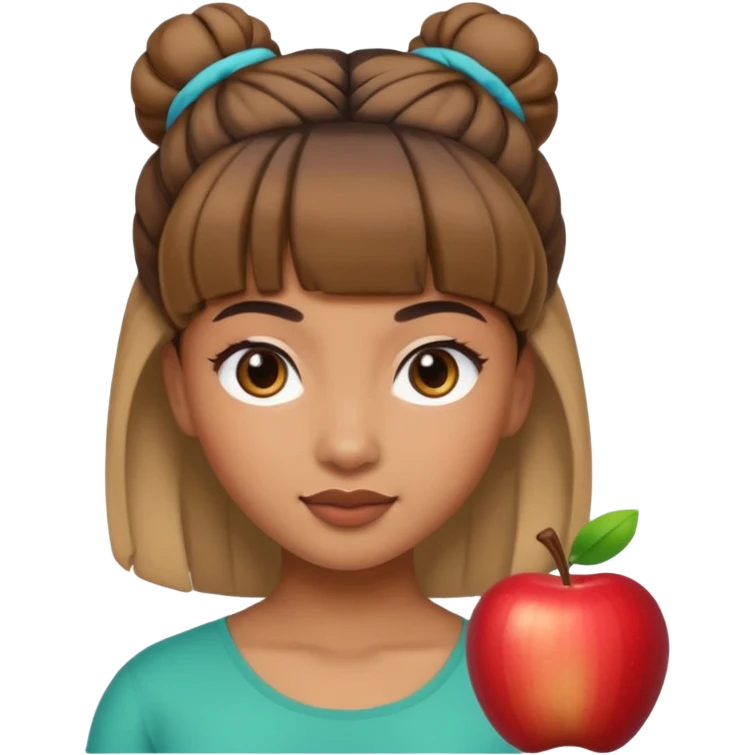 In Apple Memoji format, a girl with bangs and her hair in a bun. The girl has light brown skin and arab ethnic features emoji
