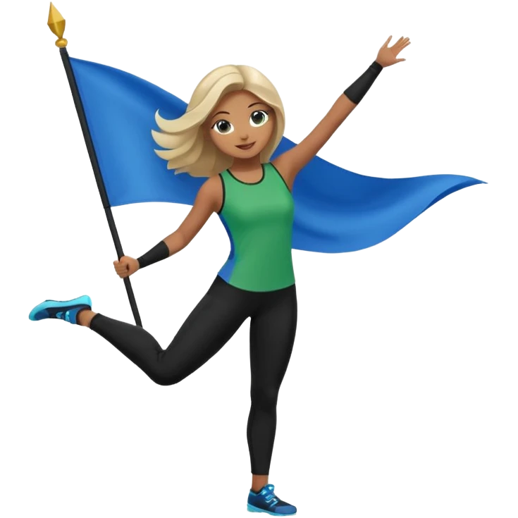 emoji style colorguard girl holding a green and blue flag, wearing black leggings and a green and blue top, energetic pose emoji