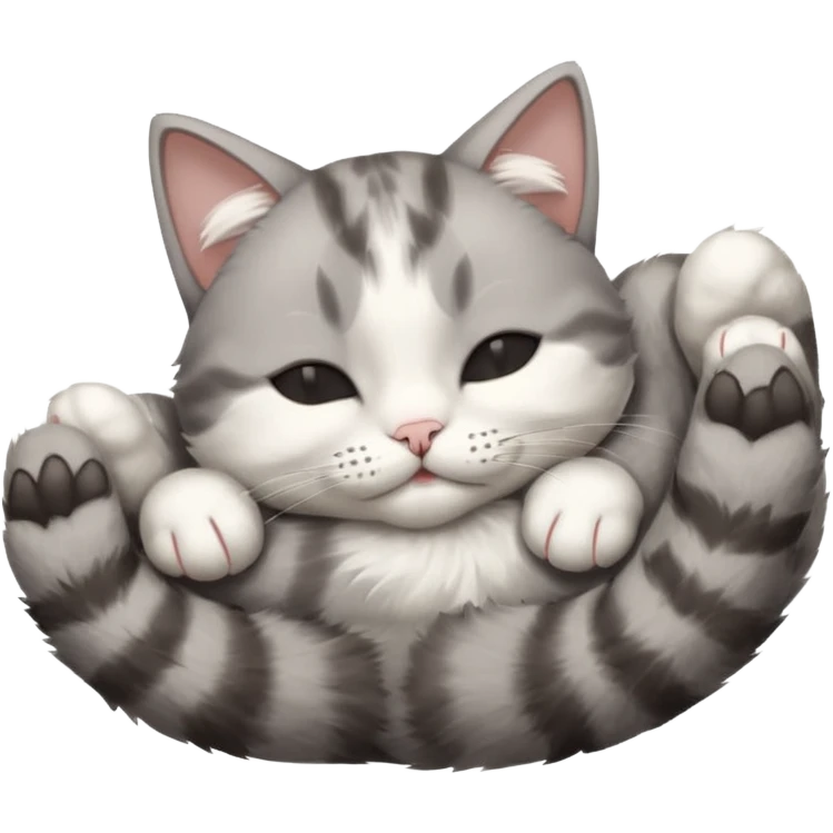 grey and white small cat with eyes closed lying down upside down with its paws/arms tightly covering its own face emoji