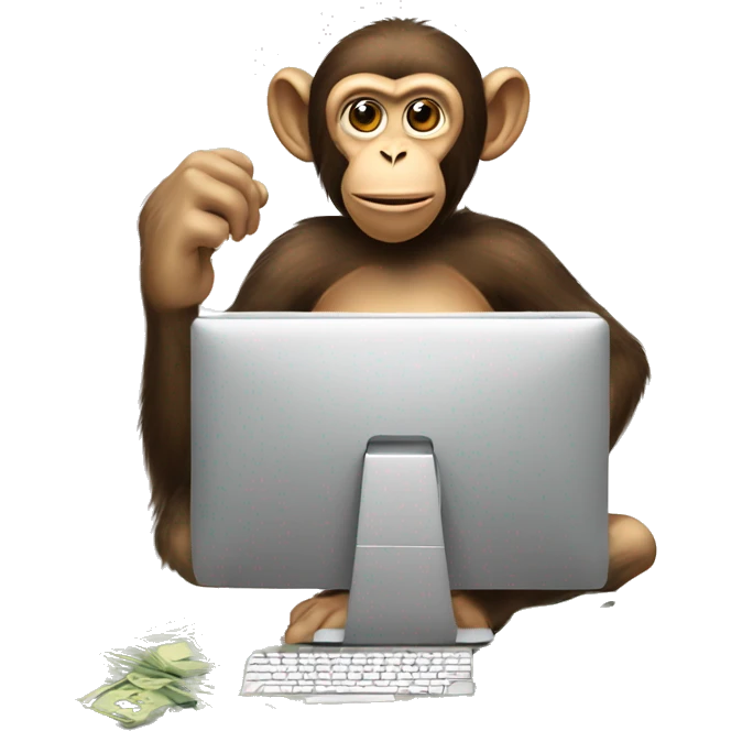 A monkey at a computer with a lot of money around him emoji