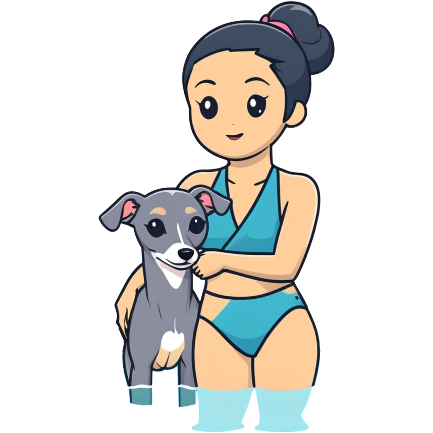 Very thin and slim Chinese woman with long black hair in pool attire at an indoor swimming pool with her Italian greyhound that is COMPLETELY solid dark grey with ABSOLUTELY ZERO white markings anywhere - 100% uniform dark grey color only emoji