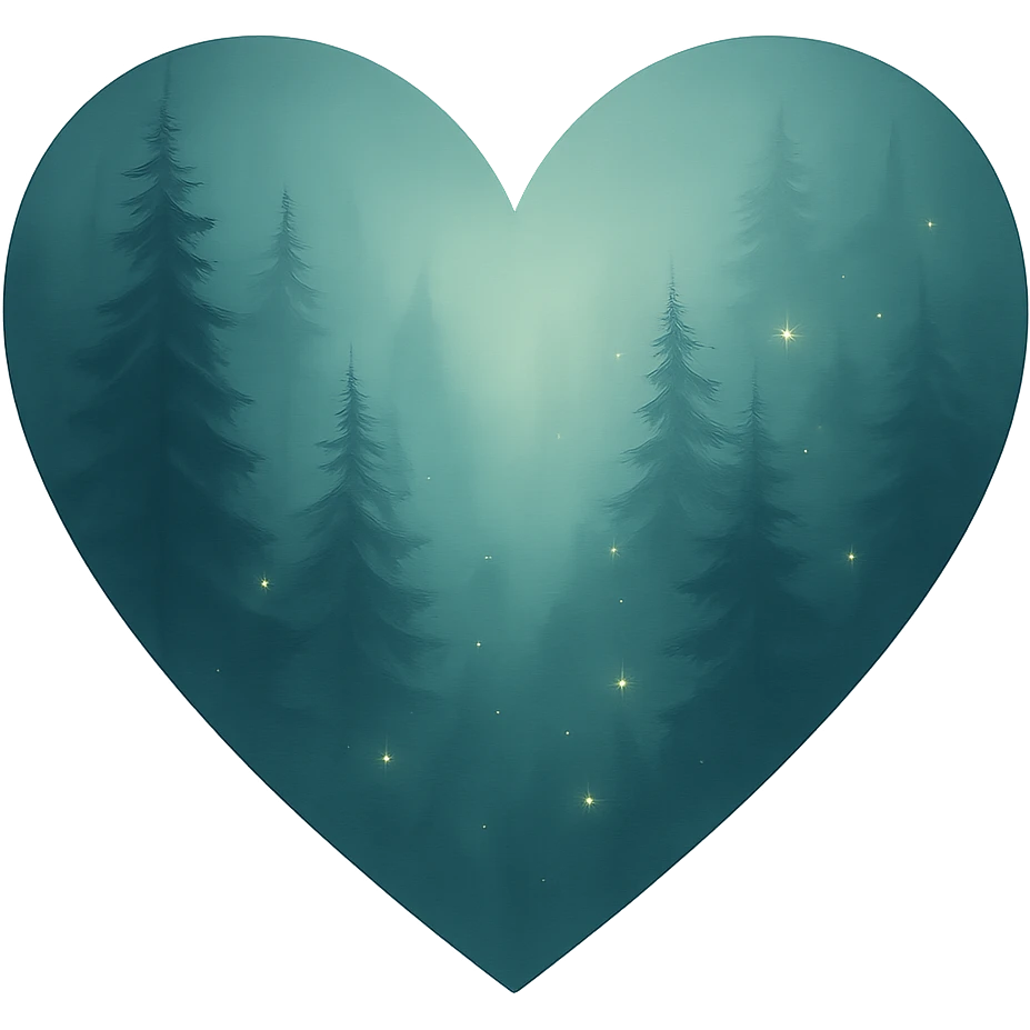 heart with a misty forest and fireflies theme, clean digital illustration emoji