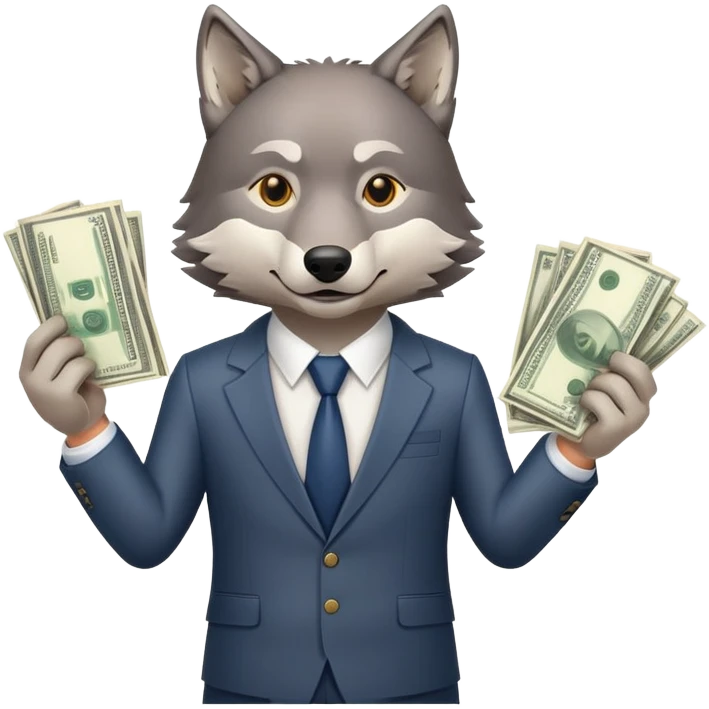 wolf in business suit holding money and stock charts emoji
