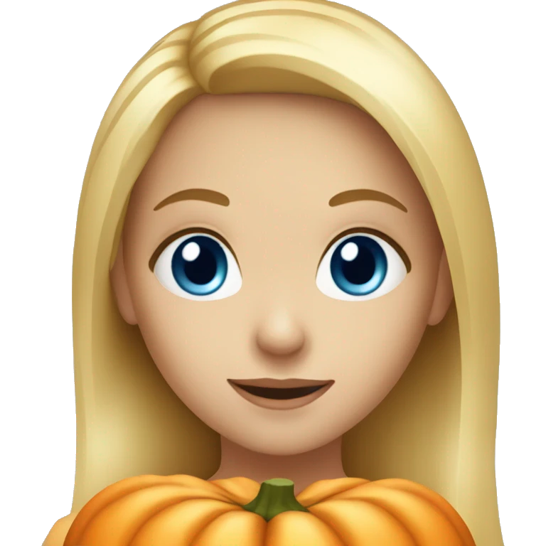 Blonde girl with blue eyes holding a pumpkin emoji