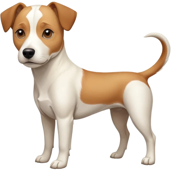 a full body facing front on of a buff white beagle cross jack russell terrier looking dog the size of a kelpie with light brown long ears resting on its face and a light brown patch above one eye and a large snout. the rest of the dog is completely white.  emoji
