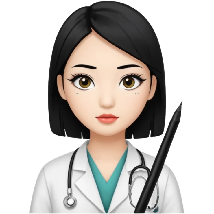 Medical student, black hair, black eyes, false eyelashes, makeup, eyeliner, Asian emoji
