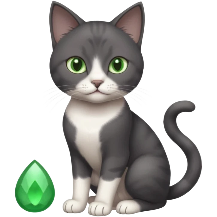 beautiful female solid dark grey cat with green eyes, white toes/paws and white patch on her chest playing emoji