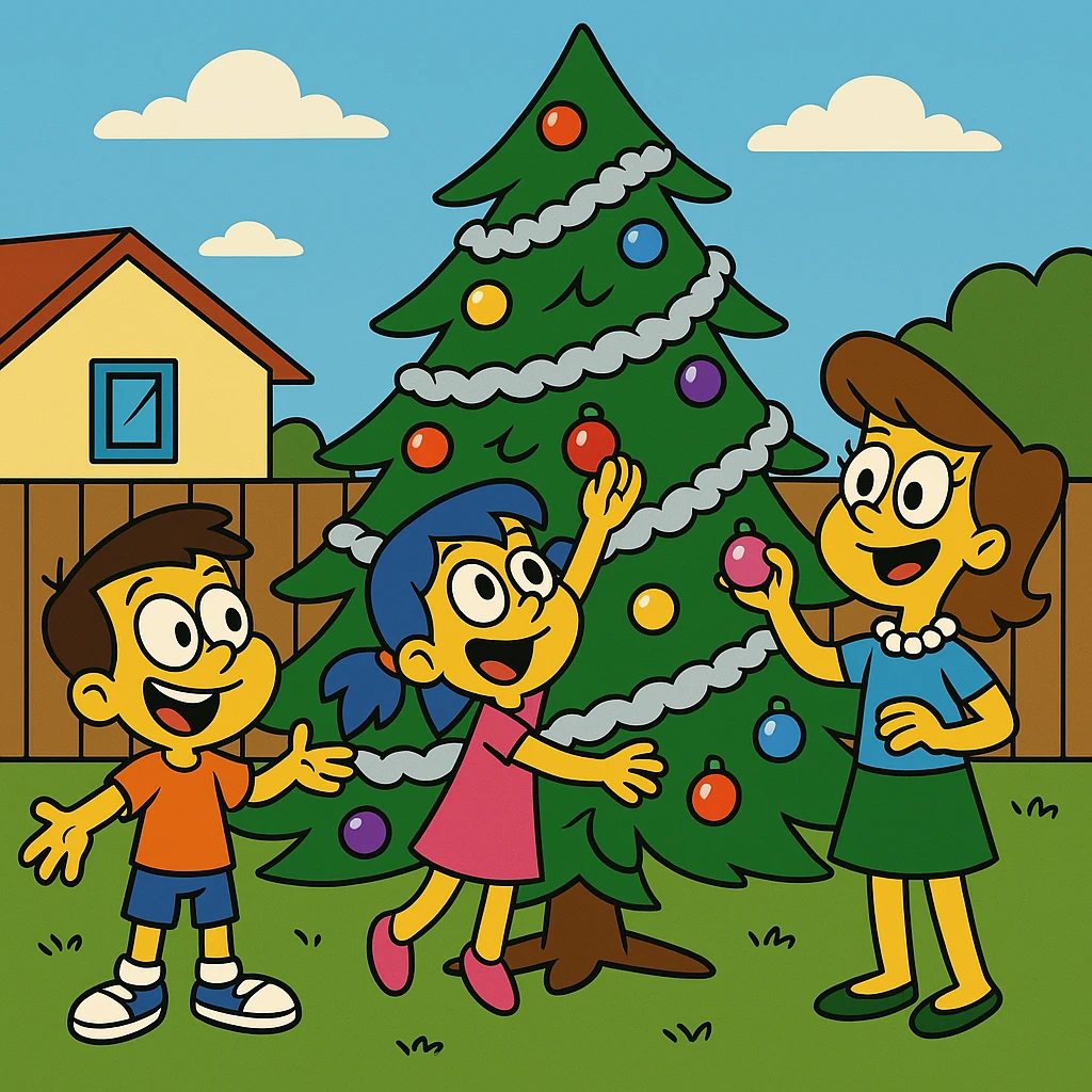 The children covered the tree in tinsel and ornaments. emoji