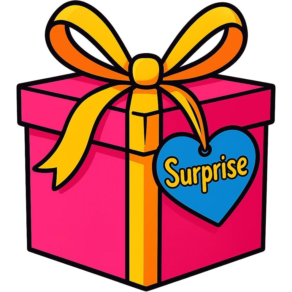 Recreate the blue heart-tagged pink gift in a vibrant toon style, with the name 'Surprise' on the tag, no background. emoji