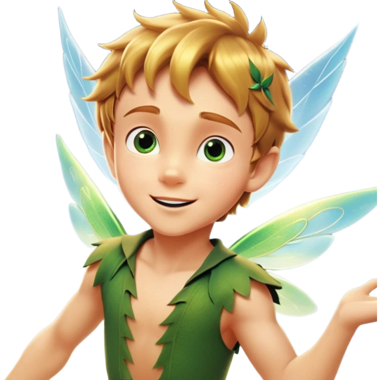 cinematic-realistic-peter-pan-portrait, head tilted dramatically with an exaggeratedly amused expression and sparkling eyes brimming with playful mischief, his iconic outfit rendered in vivid detail with dynamic shadows, soaring through the air. Next to him is a glowing Tinker Bell, whose delicate wings leave a trail of shimmering pixie dust across a whimsical sky. emoji