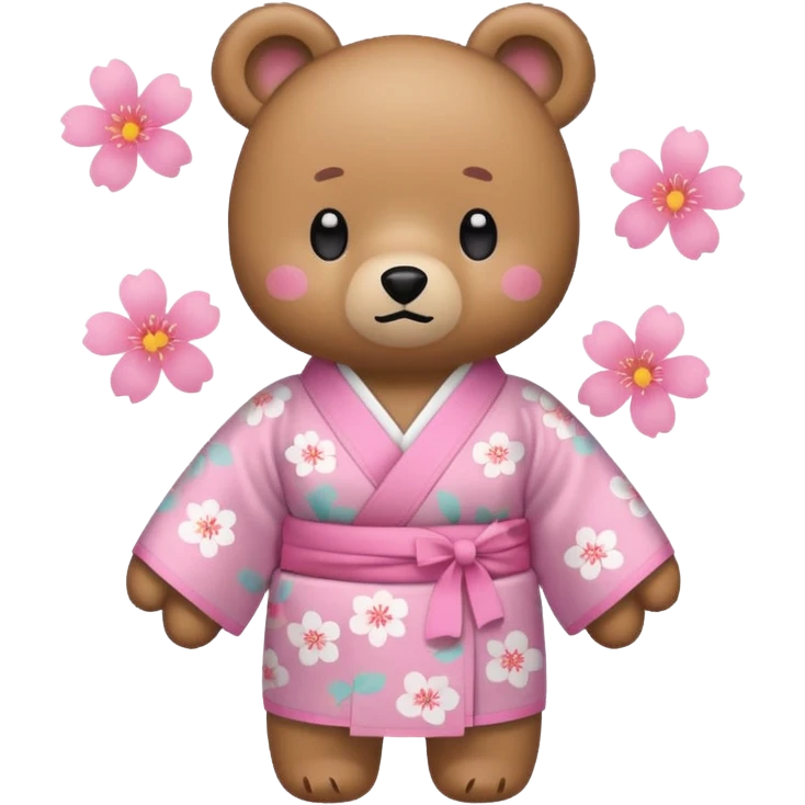 A cute light-brown bear wearing a pastel pink sakura-patterned kimono, normal balanced body ratio.  
Tilting head slightly with a confused face, a big floating question mark above the head.  
Kawaii emoji style, minimalistic clean sticker illustration, white background. emoji