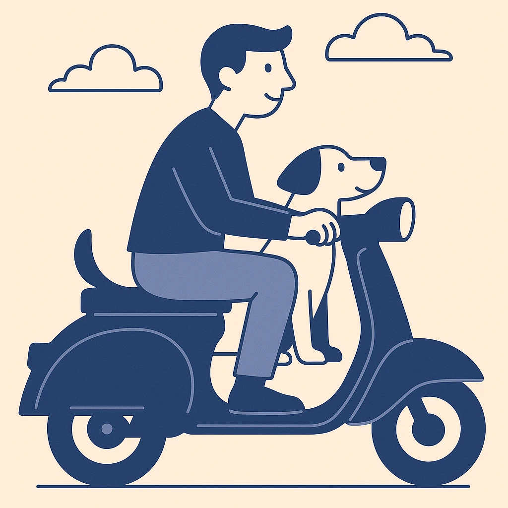 man and his pet dog riding a vespa emoji
