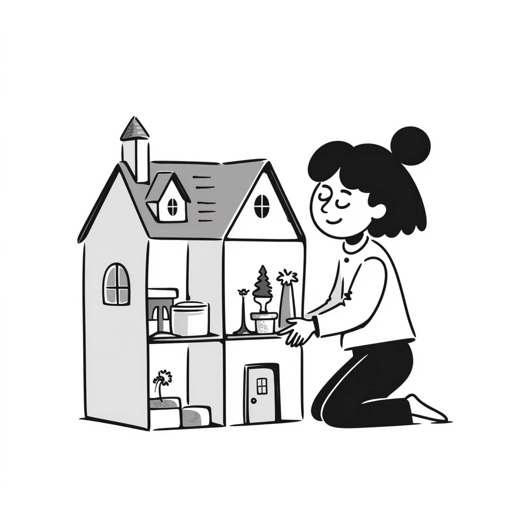 smiling girl arranging furniture in doll house emoji