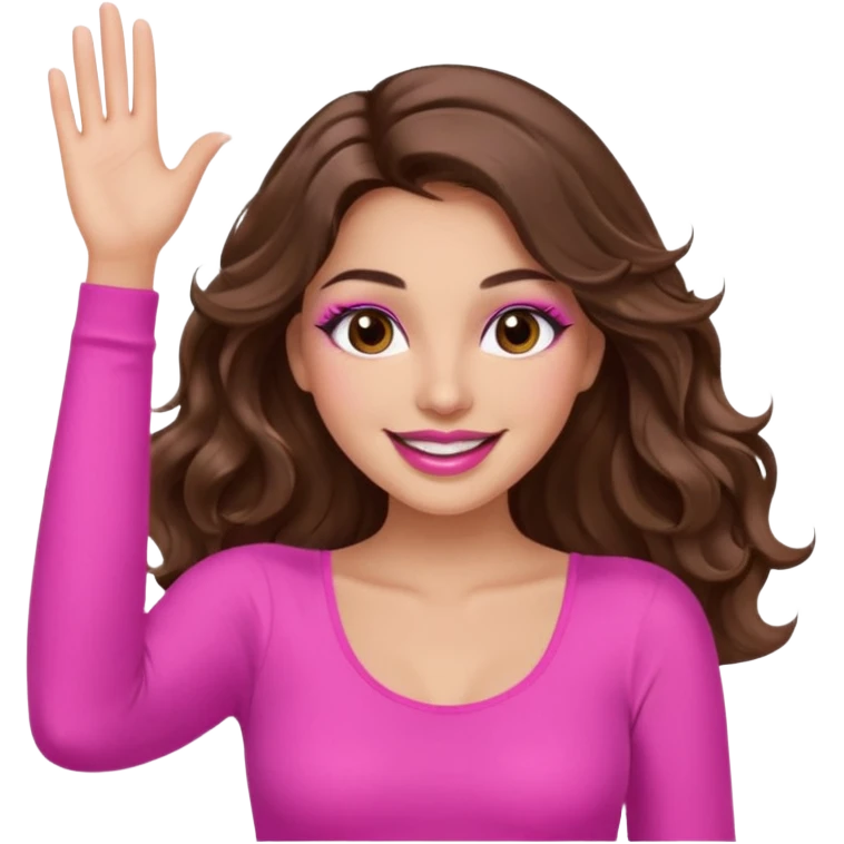 girl with long wavy brown hair, brown eyes, long lashes makeup, sexy pink lips, light to medium complexion, wearing a pink sexy top, both hands in the air high emoji