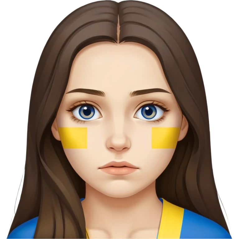 Brunette woman with long hair, Ukrainian flag (blue and yellow) painted on her cheek, sad expression emoji